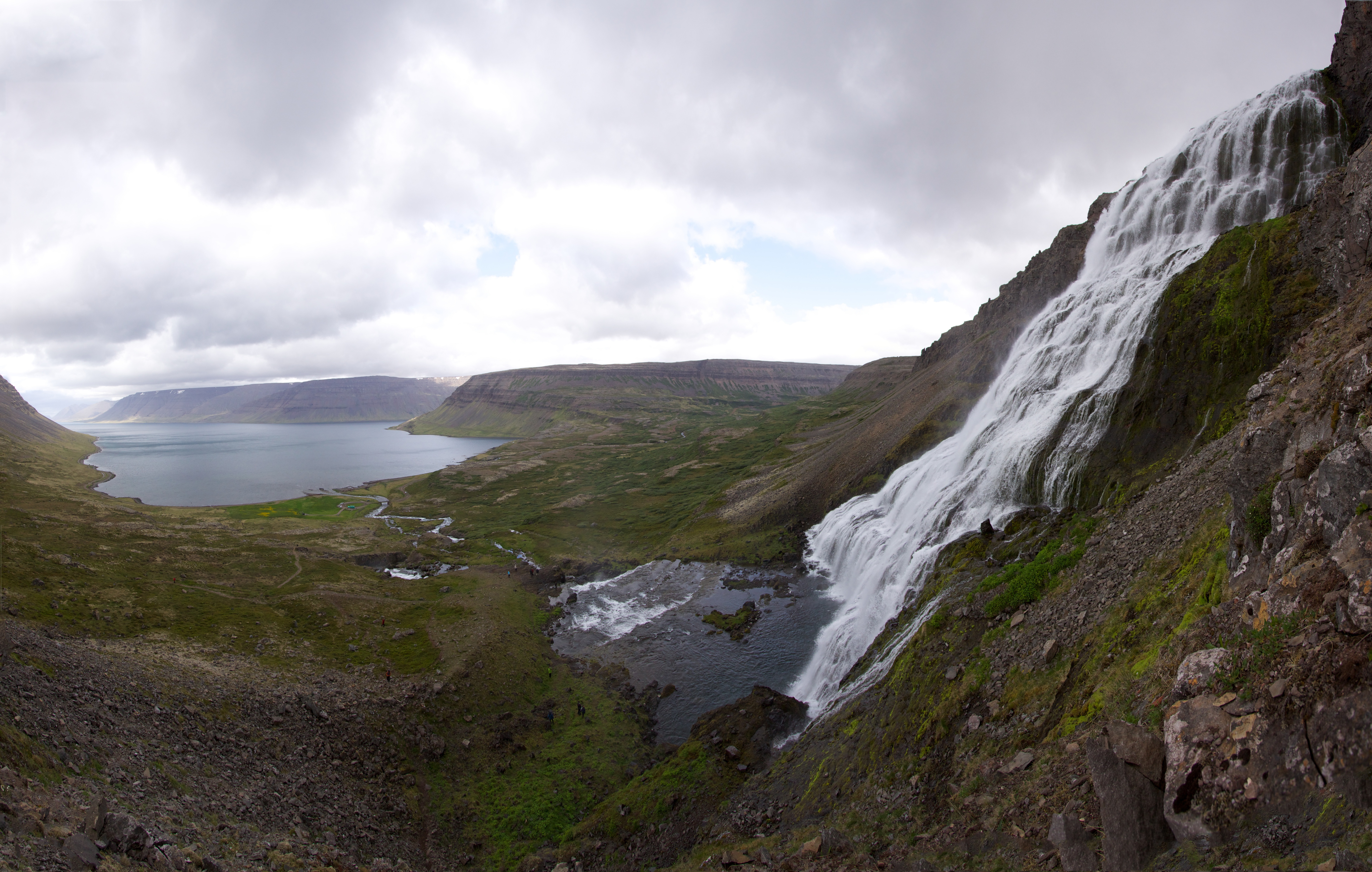 Side view from beside Dynjandi waterfall looking across the surrounding Westfjords valley.