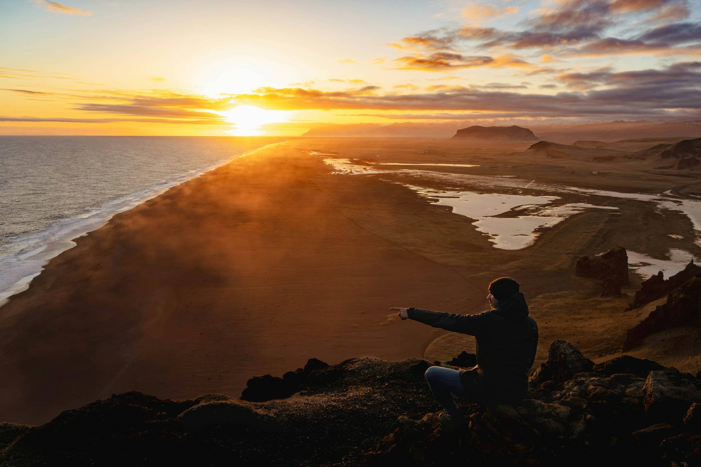 High view from Dyrhólaey across black-sand coast and wetland near Vík.