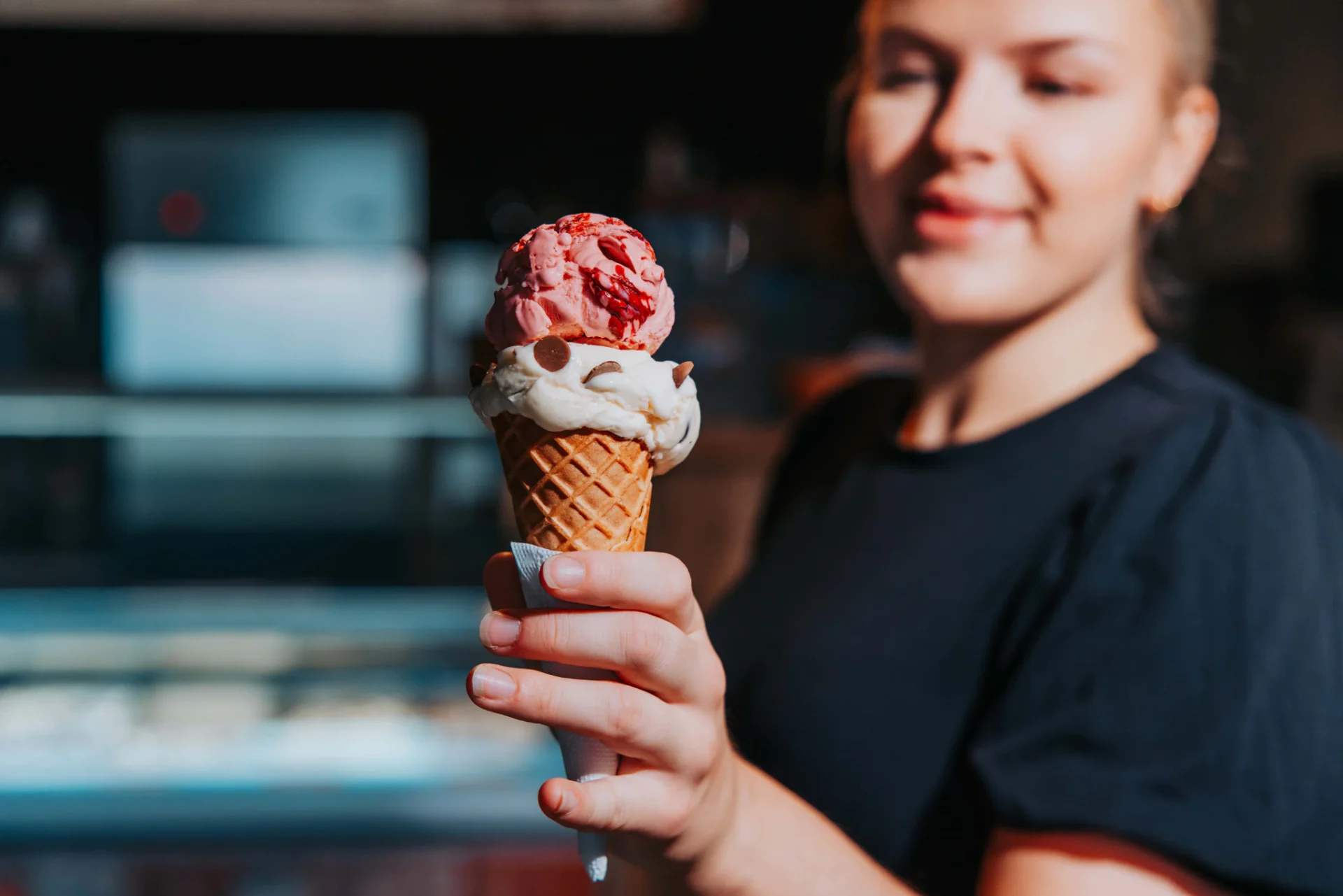 Ice cream served inside the Efstidalur farm cafe