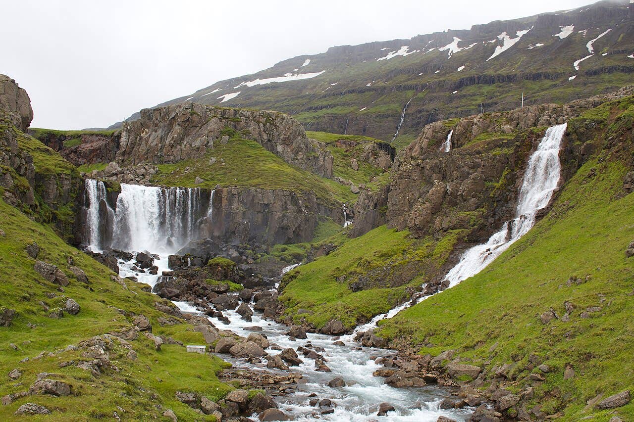 Fjarðará water and waterfalls above Seydisfjordur in East Iceland.