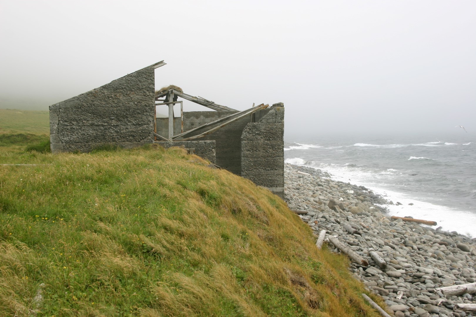 An abandoned building beside the foggy Langanes shoreline with surf and driftwood below.