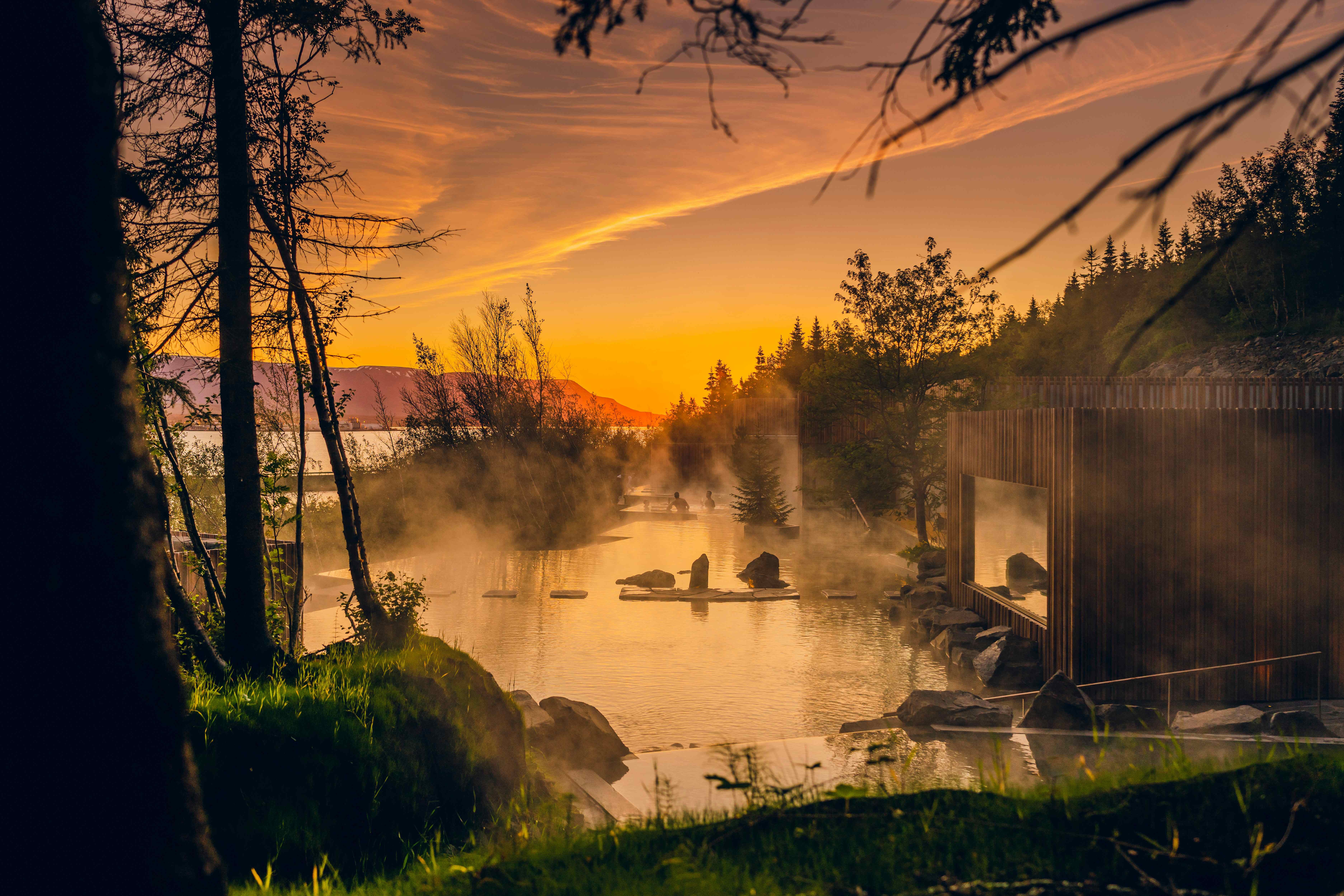 Finnish dry sauna at Forest Lagoon with windows facing Eyjafjörður