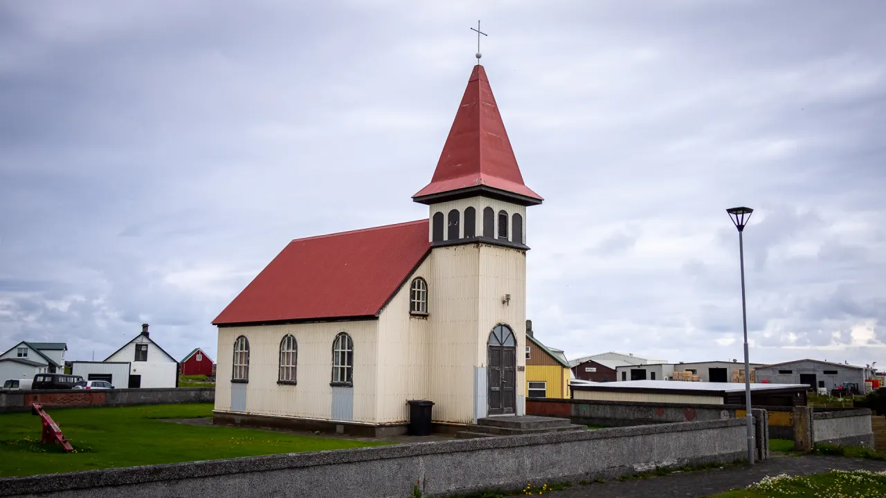 The old church in Grindavík beside the town's low-rise Reykjanes setting.