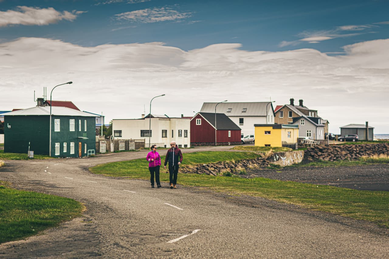 Blönduós buildings and the Blanda river landscape near the route area for Hóp Lake.