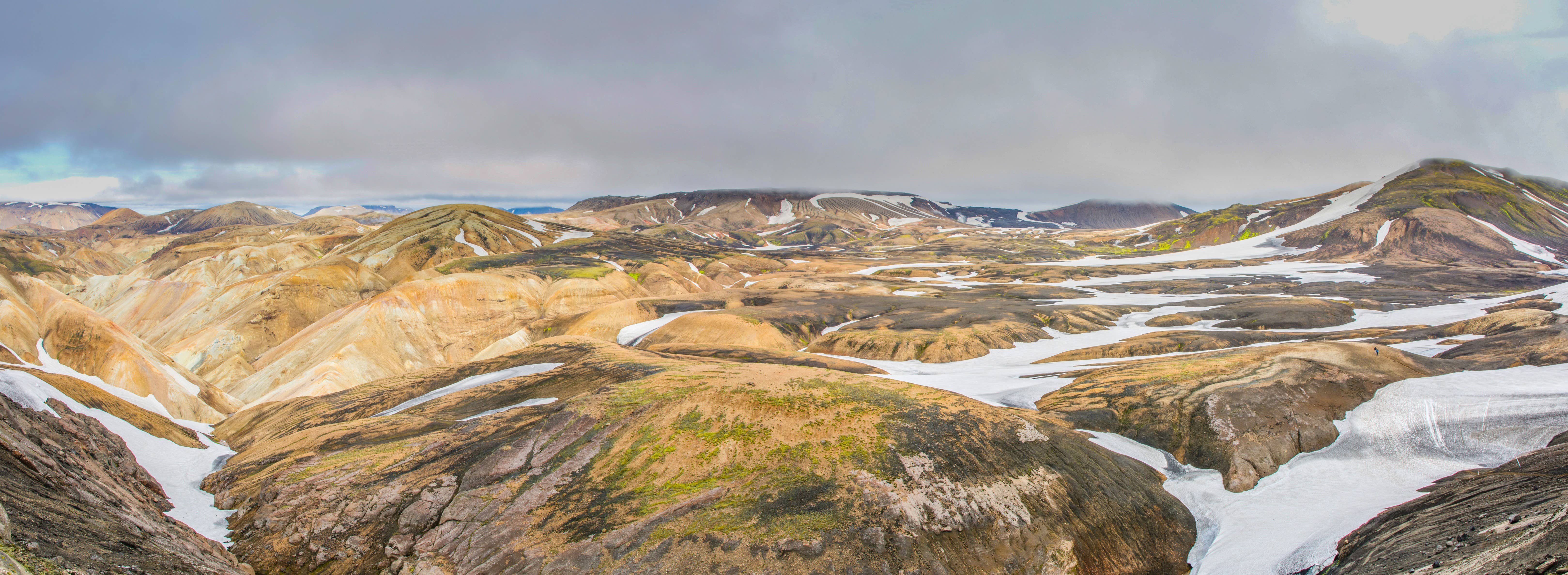 Panoramic snow-topped Hrafntinnusker slopes in the Icelandic Highlands.
