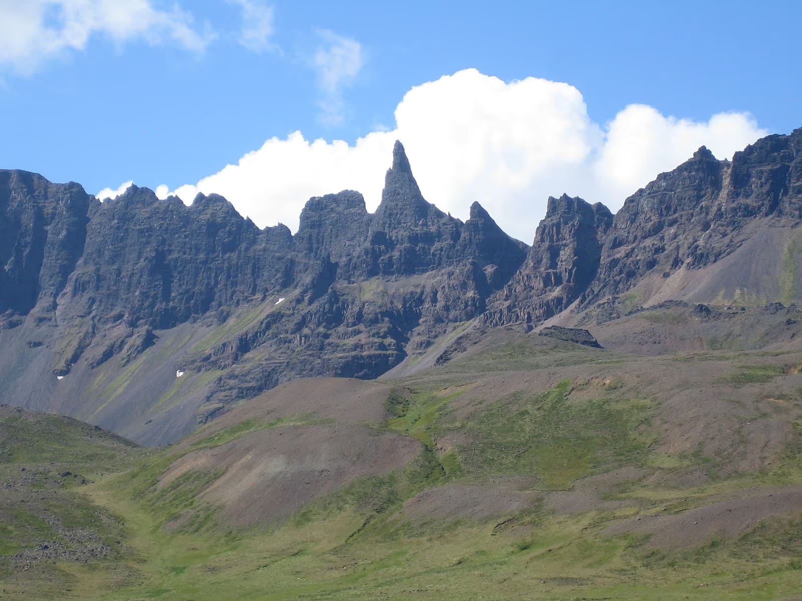 Wide view of Öxnadalur valley and surrounding North Iceland mountains.