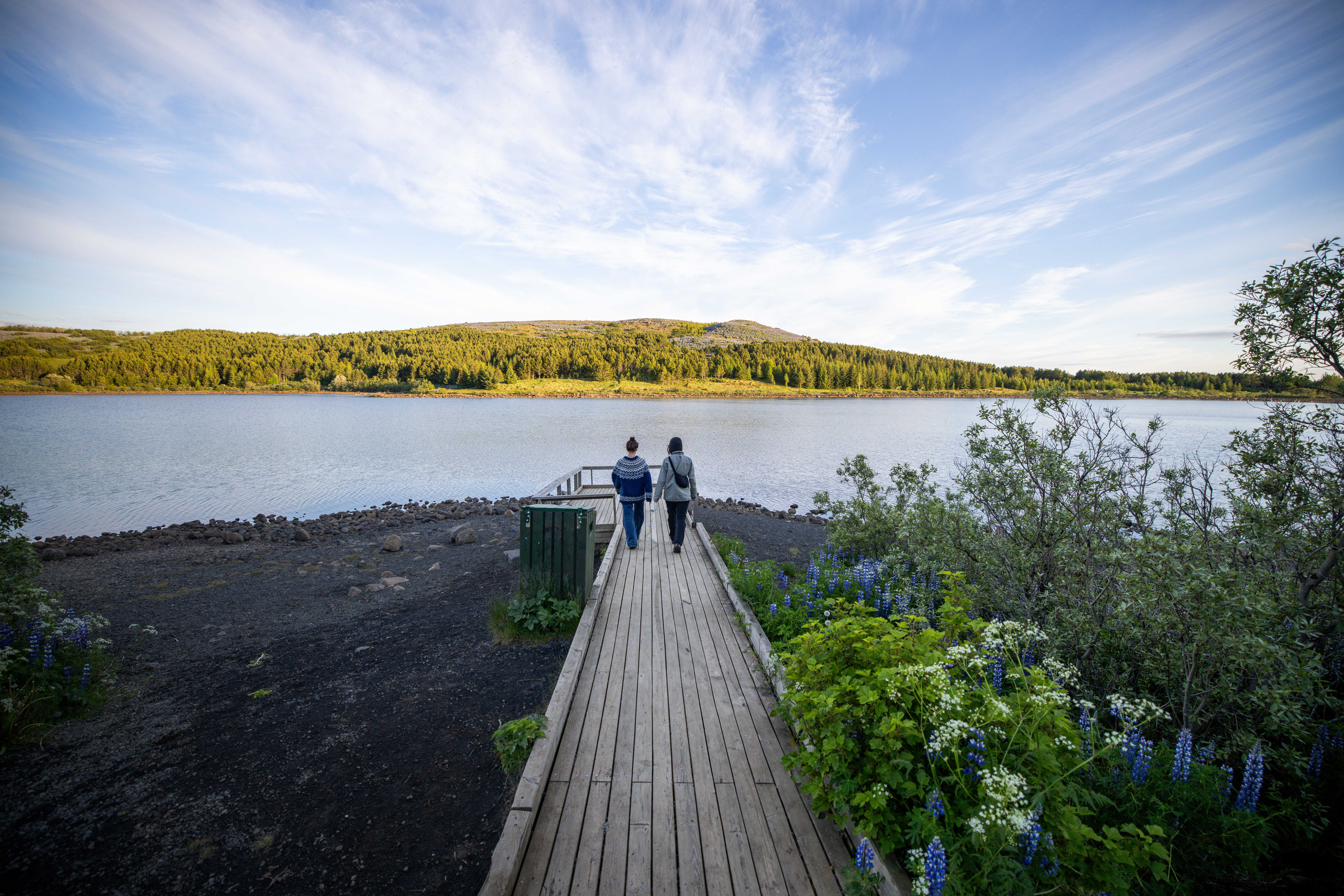 Hvaleyrarvatn lake with green forest and low hills above Hafnarfjörður.