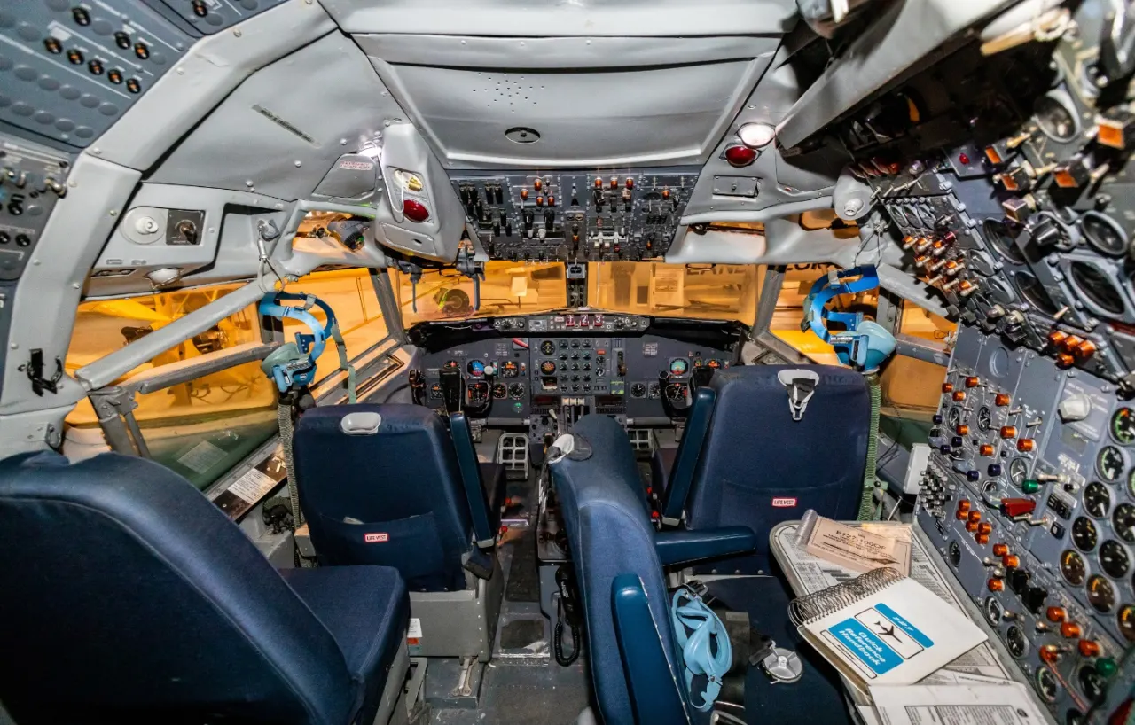 Cockpit controls inside an aircraft at the Icelandic Aviation Museum in Akureyri.
