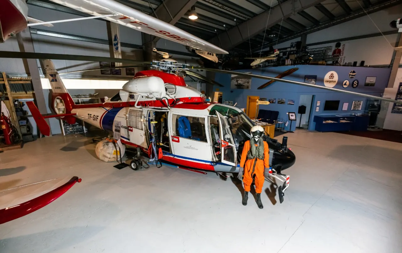 Helicopter and rescue-flight display inside the Icelandic Aviation Museum in Akureyri.