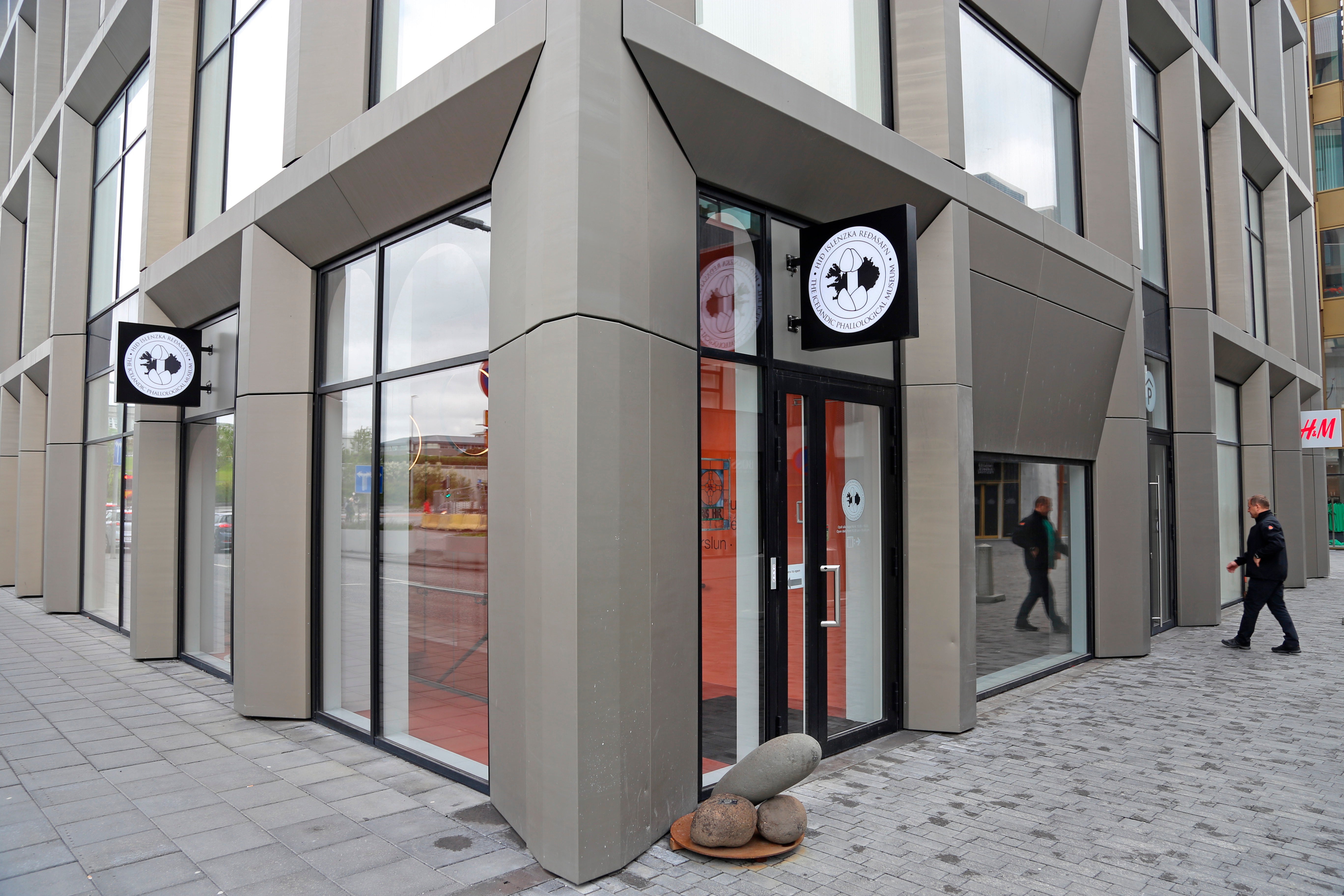 Exterior entrance signs for the Icelandic Phallological Museum at Hafnartorg in Reykjavík