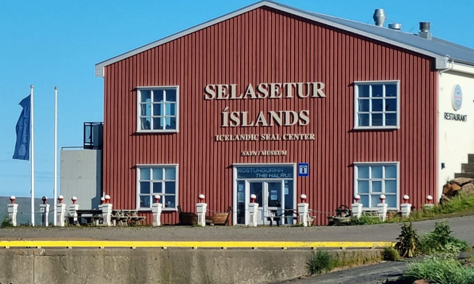 Red Icelandic Seal Center building beside the harbor in Hvammstangi.