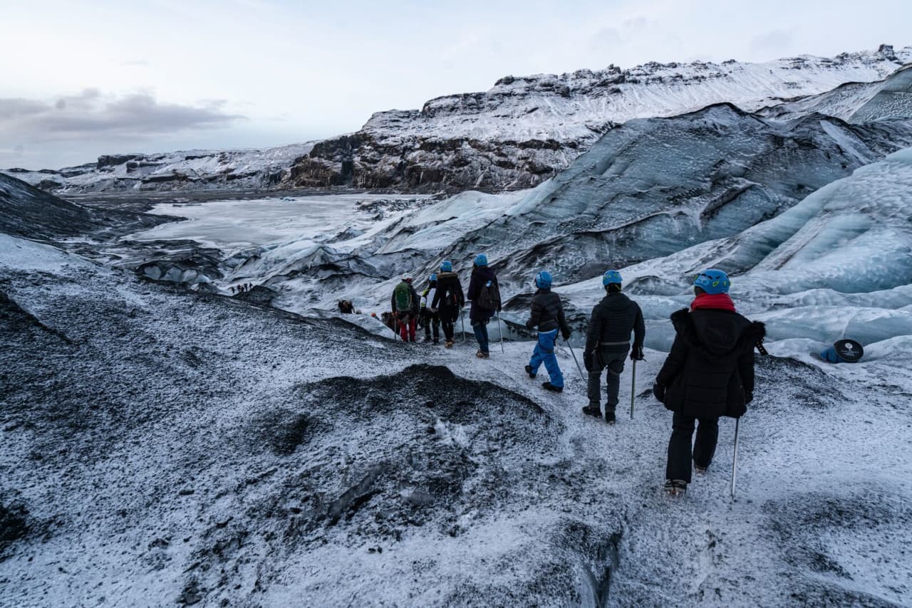 Sólheimajökull outlet glacier with moraine and glacier lagoon in South Iceland
