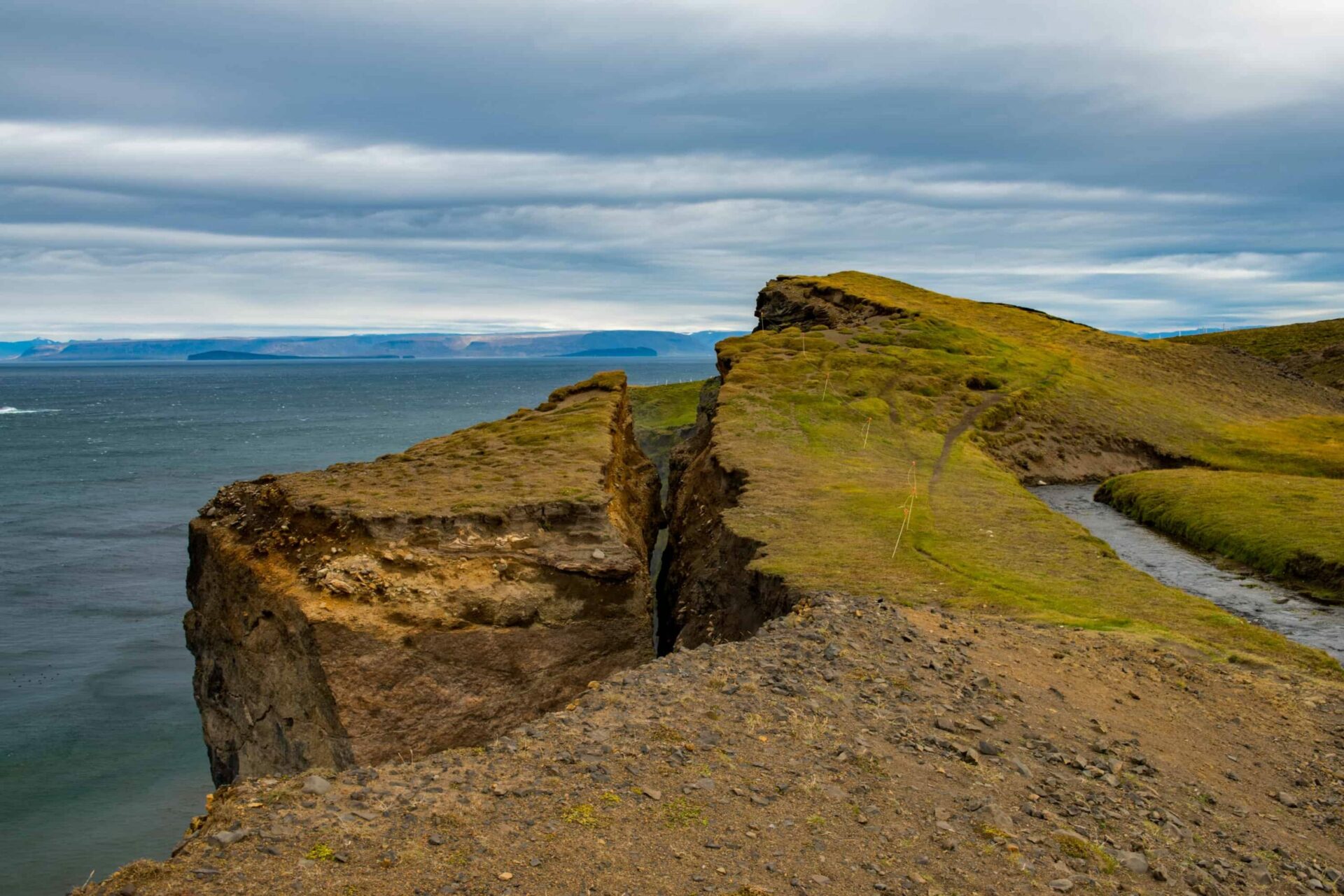 Grass and rough ground near the Ketubjörg cliff edge above Skagafjörður.