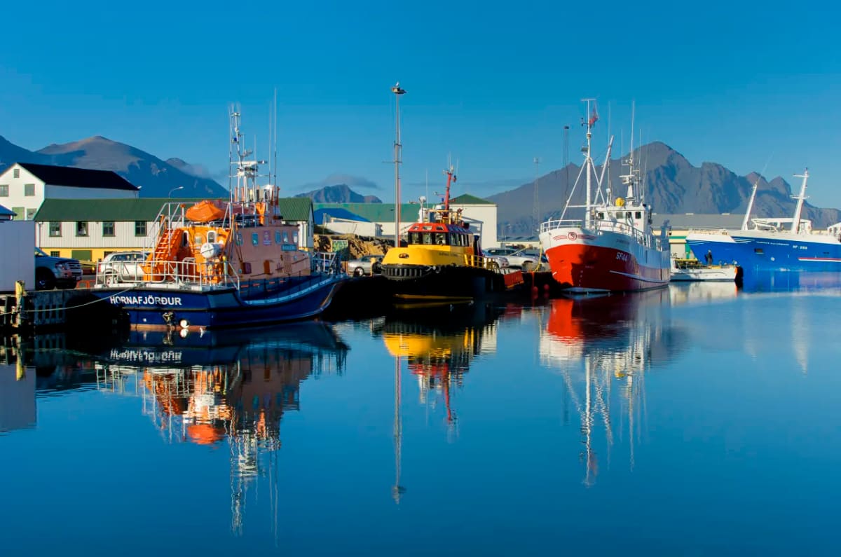 Fishing boats reflected in Hofn harbor with mountains behind the town.