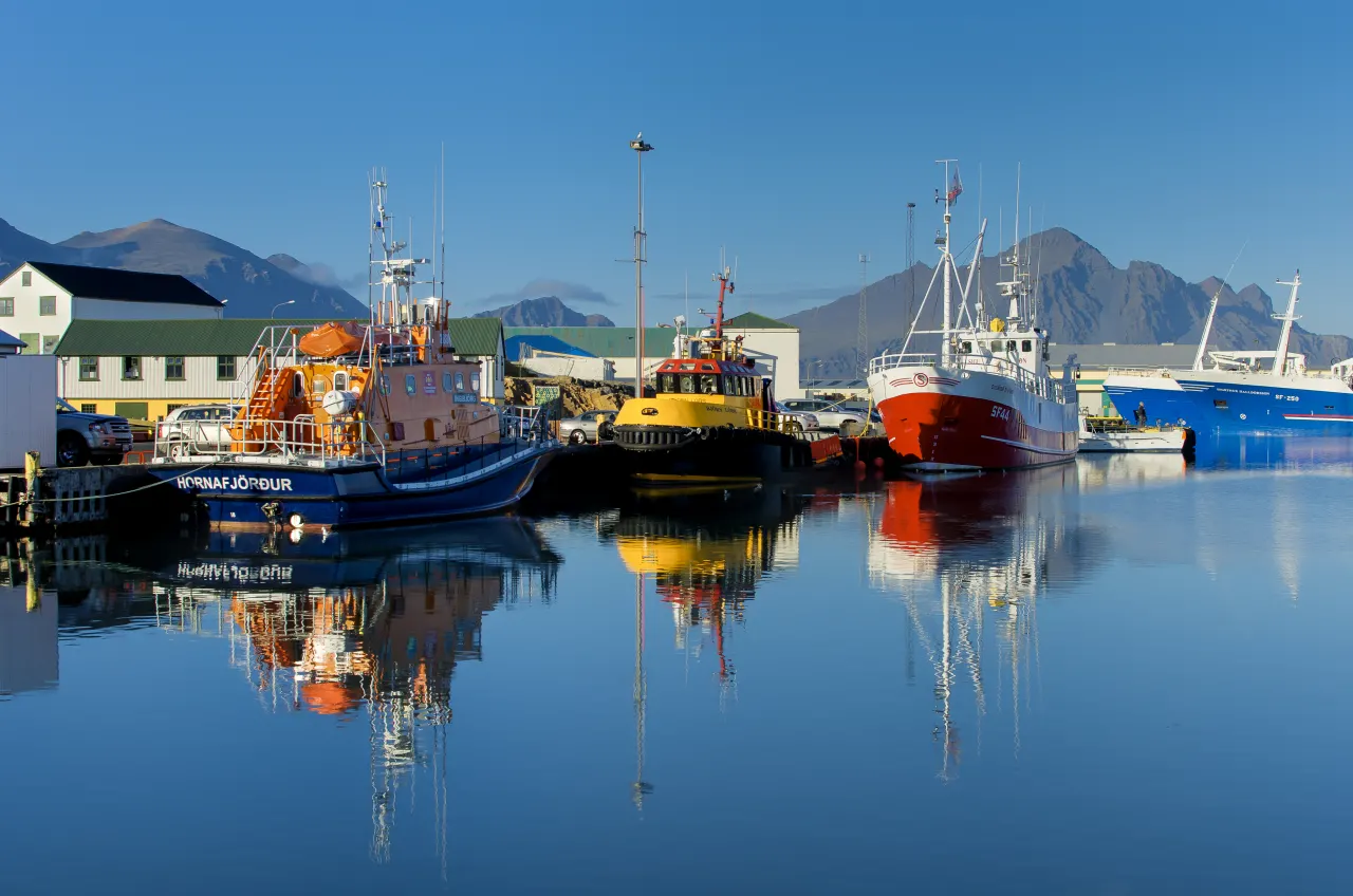 Fishing boats reflected in Hofn harbor with mountains behind the town.