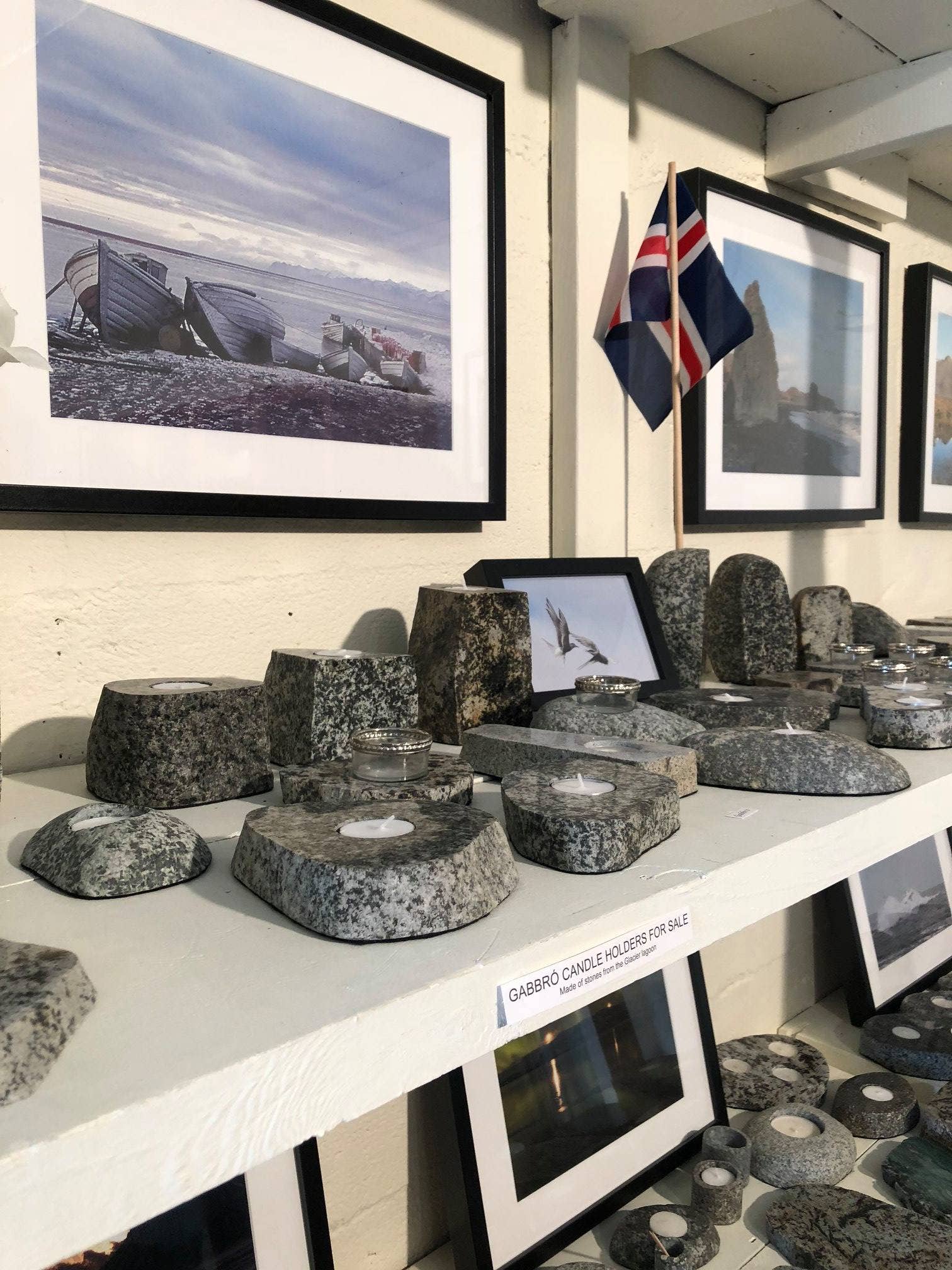 Stone and mineral display at Kiddi's Workshop in Hofn.