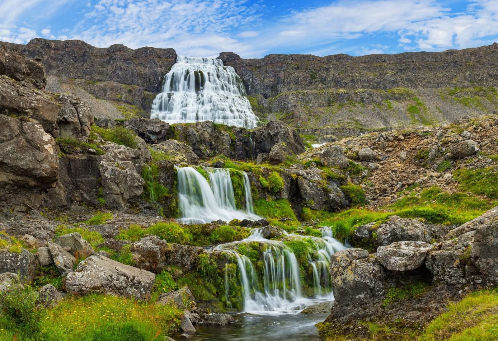 Dynjandi waterfall cascading over rocky ledges in the Westfjords.