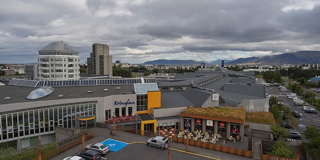 Exterior overview of Kringlan Shopping Mall in Reykjavík.