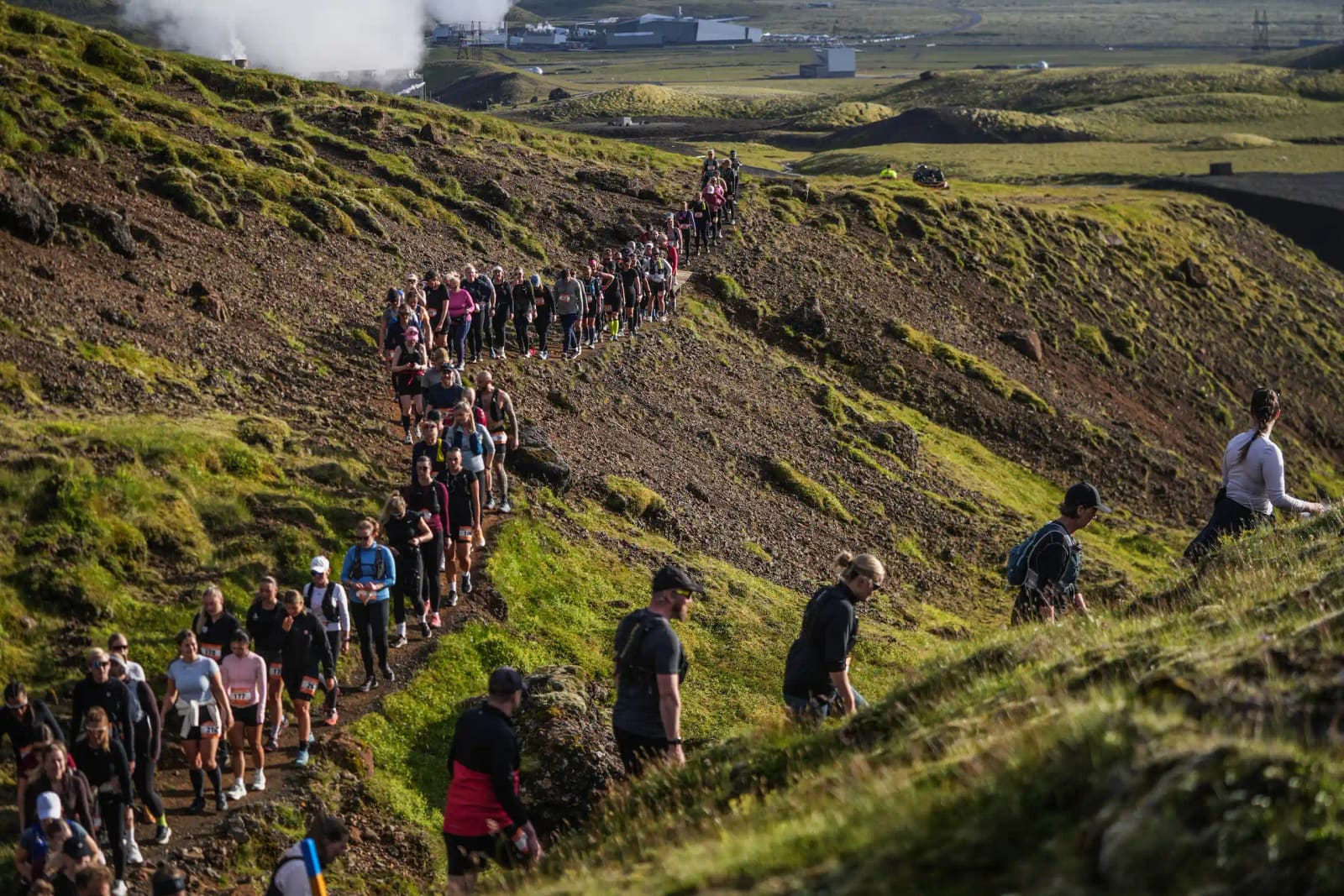 Hikers crossing green volcanic slopes in the Hengill area near Hellisheiði.