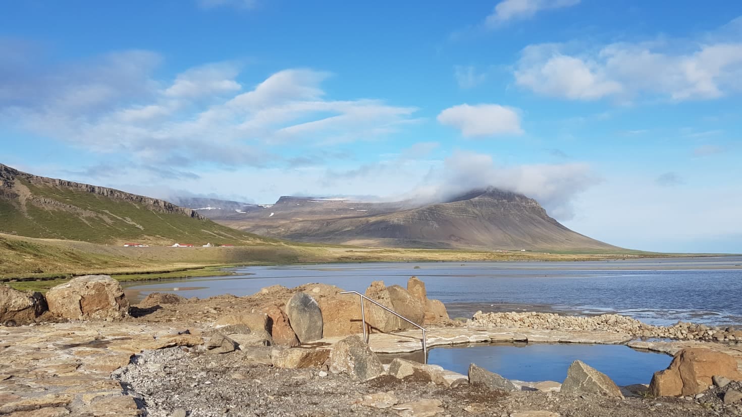 Krosslaug pool at Laugarnes by Birkimelur with Breiðafjörður beyond.