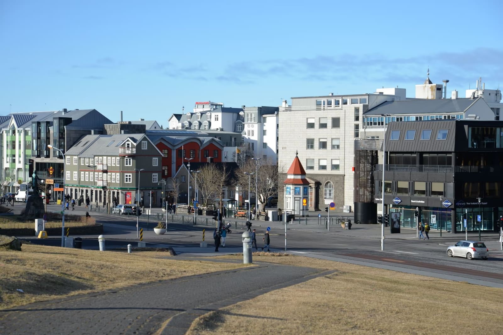 Lækjartorg square and surrounding downtown Reykjavík buildings seen from Arnarhóll.