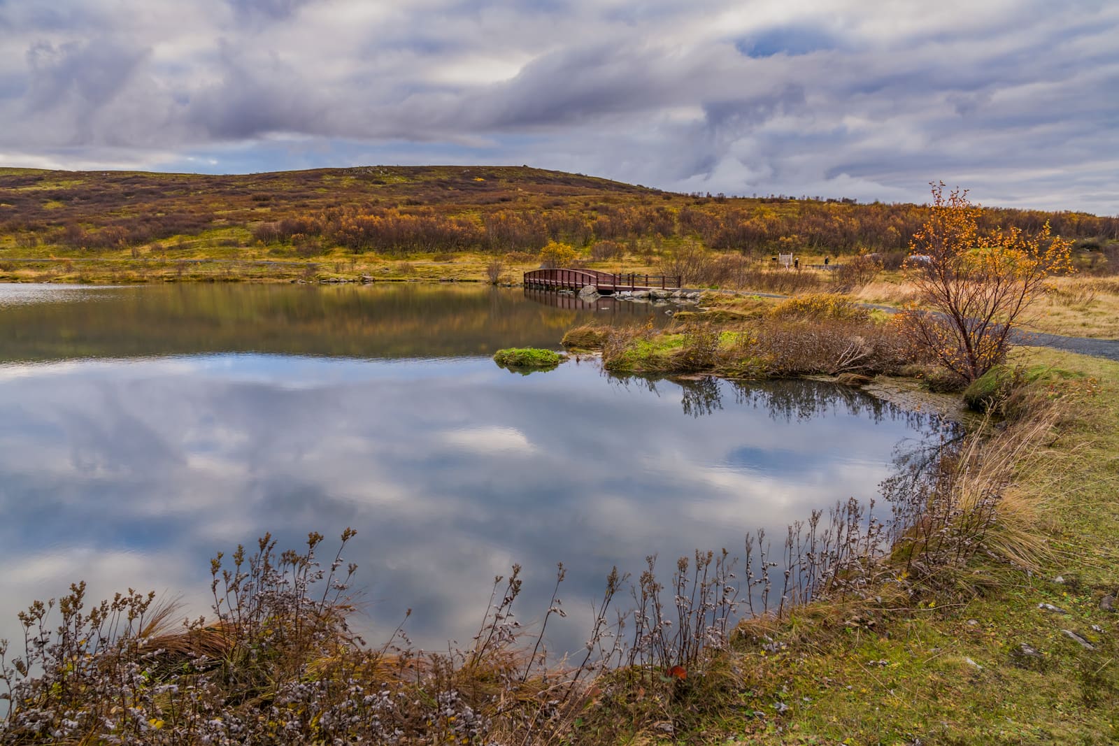 Elliðavatn lake with calm water, low shoreline, and a path near Reykjavík.