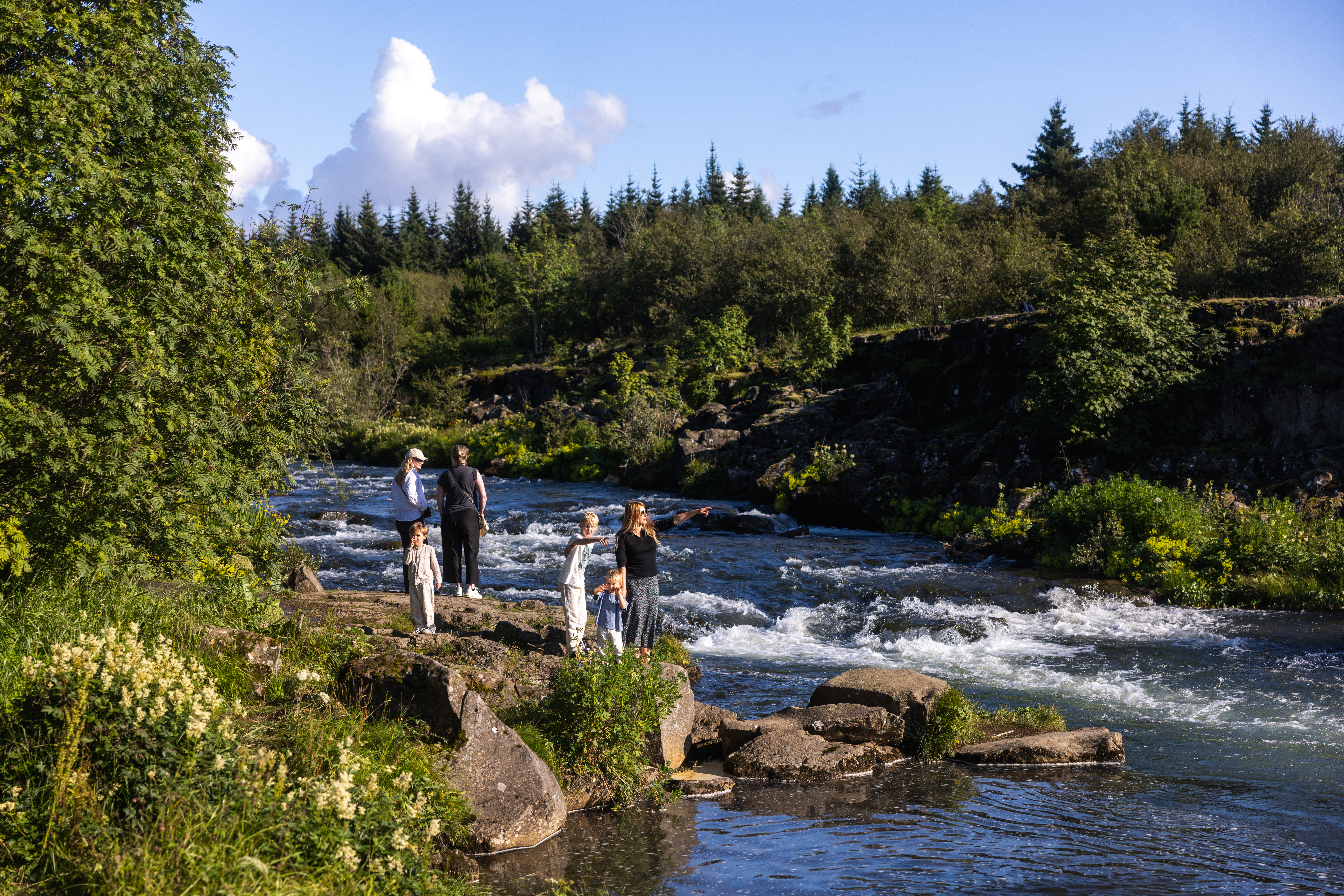 Family standing by the Elliðaá river in the green Elliðaárdalur area of Reykjavík.