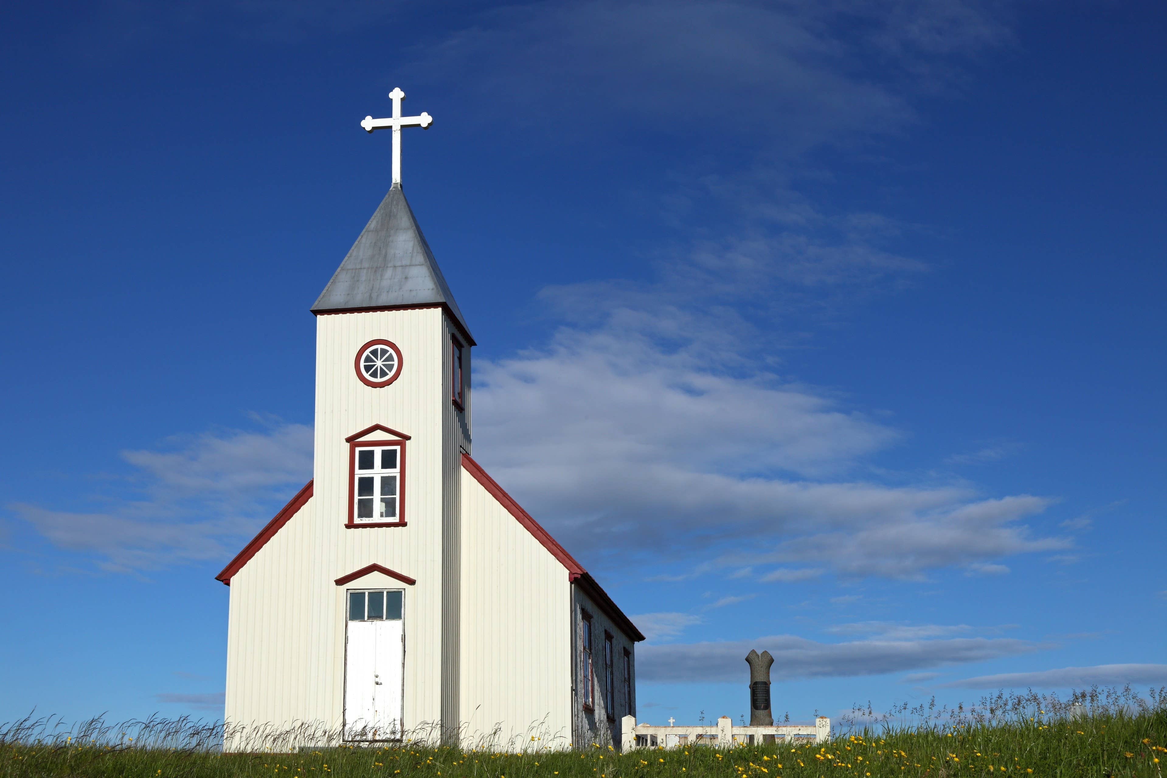 Sauðanes church on the Langanes Peninsula with simple rural surroundings.