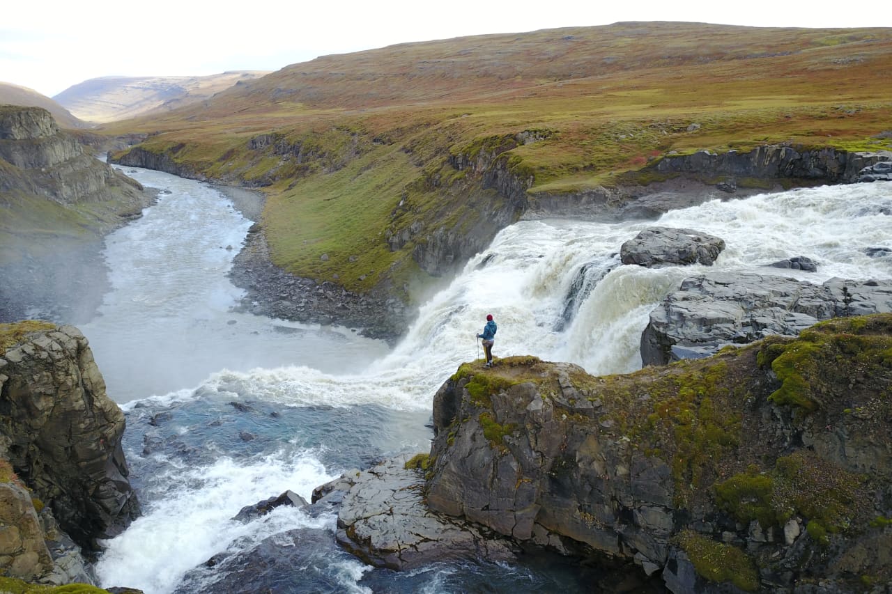 Waterfall and canyon scenery on the Waterfall Circle hiking loop near Laugarfell.