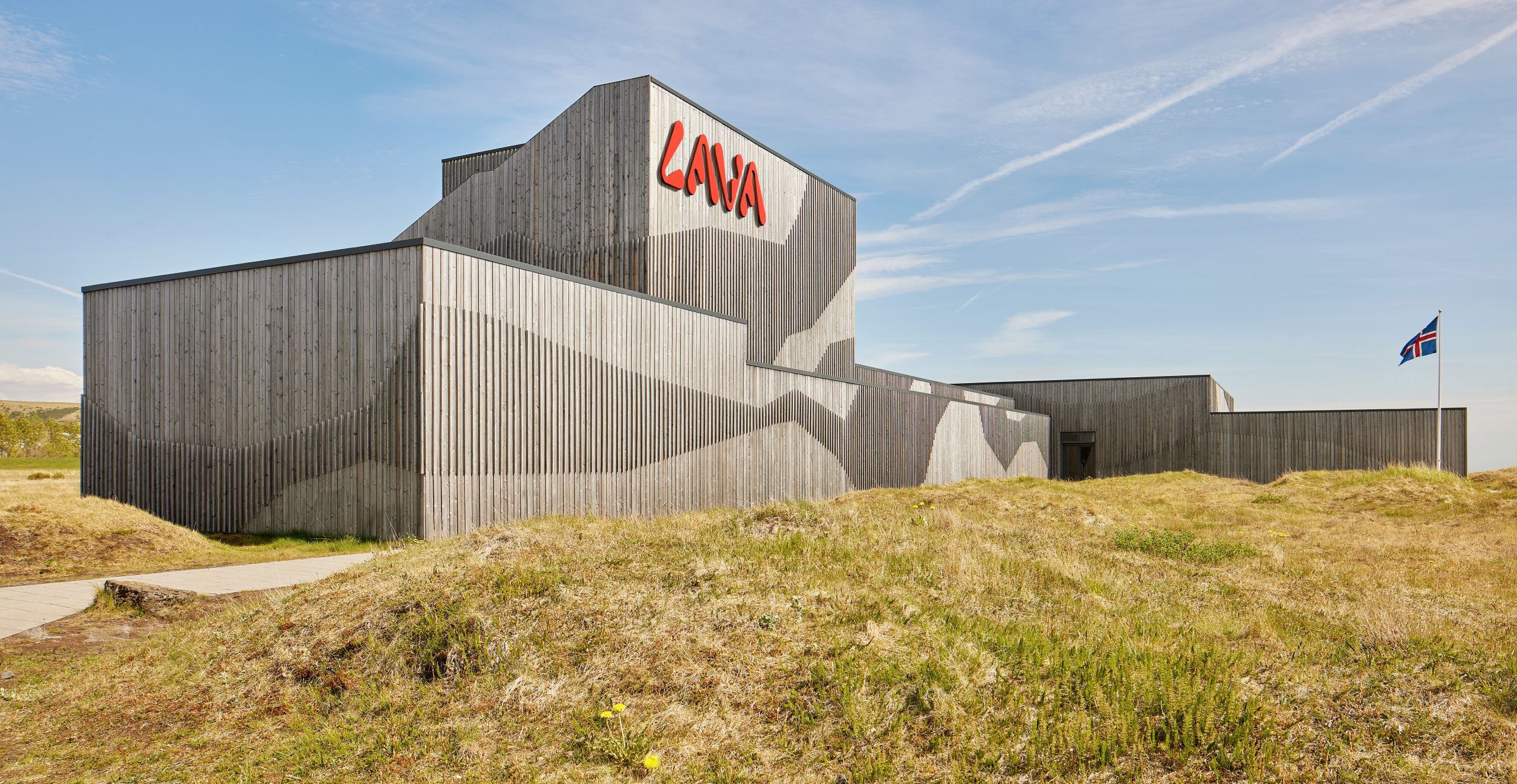 Wide interior view of the LAVA Centre exhibition hall in Hvolsvöllur.