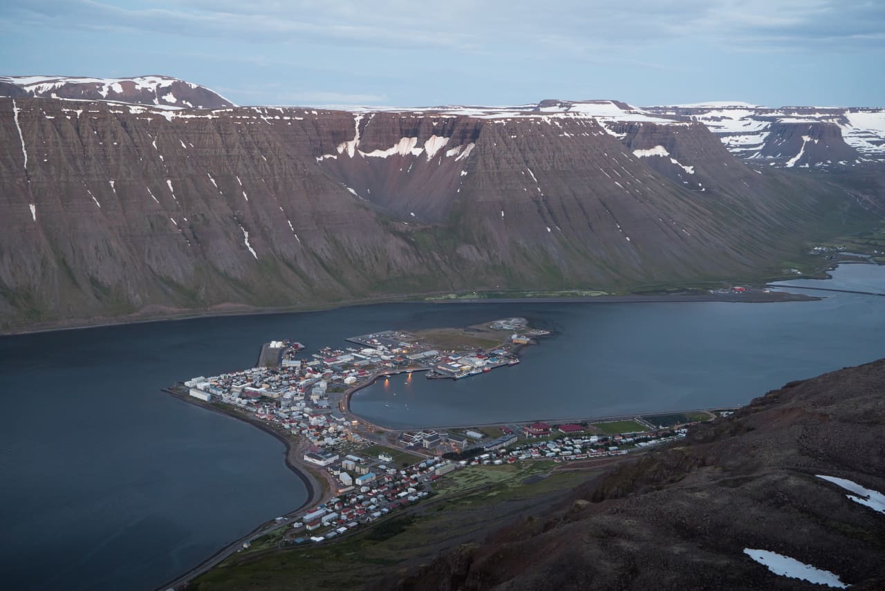 Ísafjörður fjord context below Naustahvilft in the Westfjords.