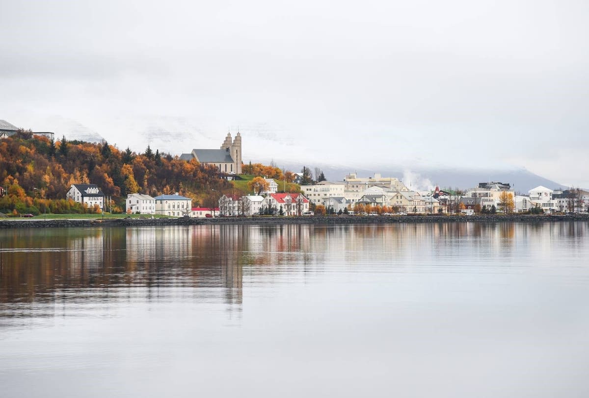 Akureyri church and town buildings beside Eyjafjörður in North Iceland.
