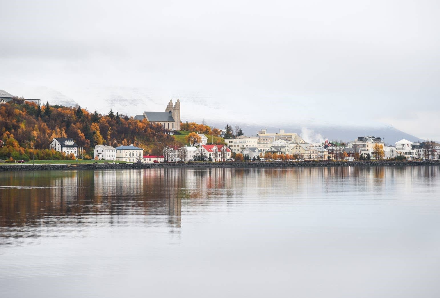 Akureyri church and town buildings beside Eyjafjörður in North Iceland.