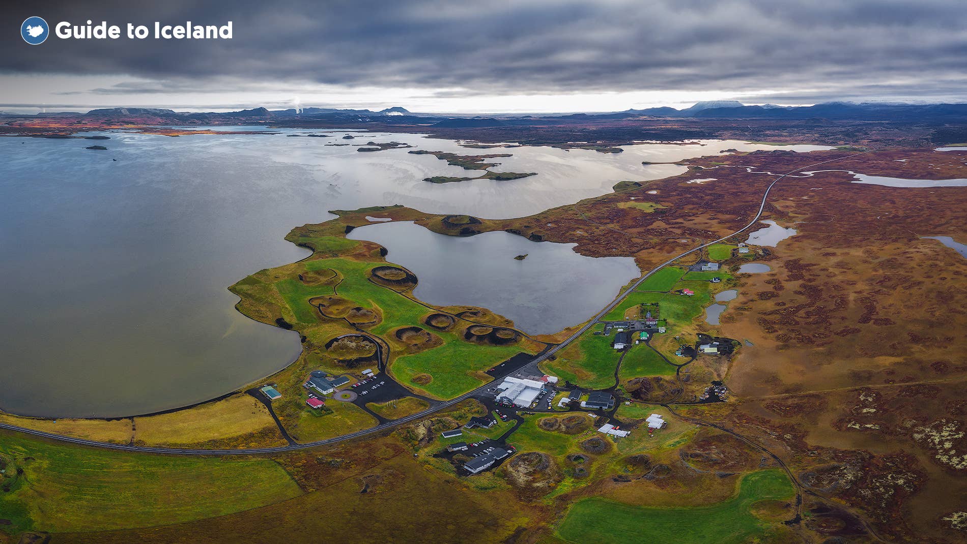 Wide Lake Mývatn wetlands and geothermal area in North Iceland.