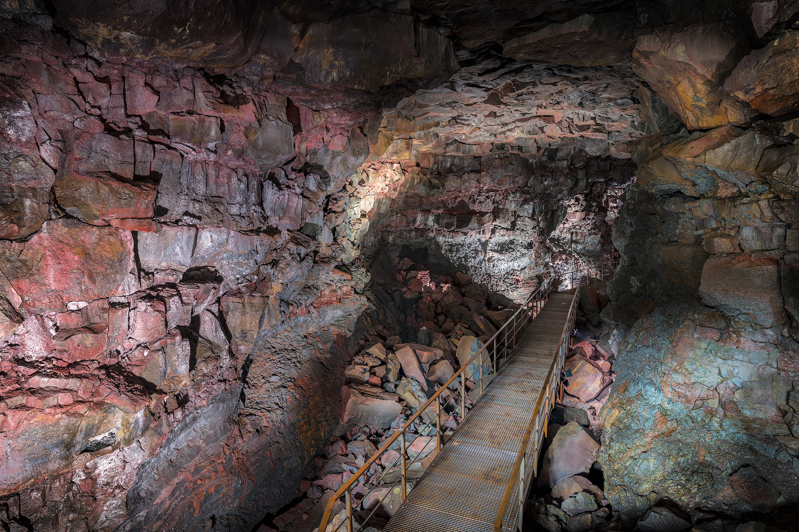 Walkway inside the Raufarhólshellir lava tunnel in Ölfus