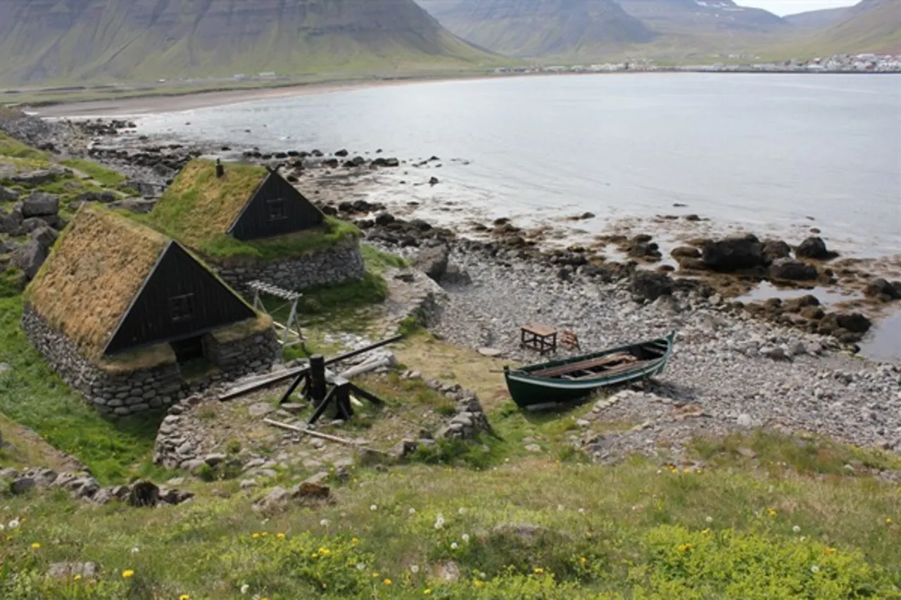 Turf and timber buildings at Ósvör Maritime Museum in Bolungarvík.