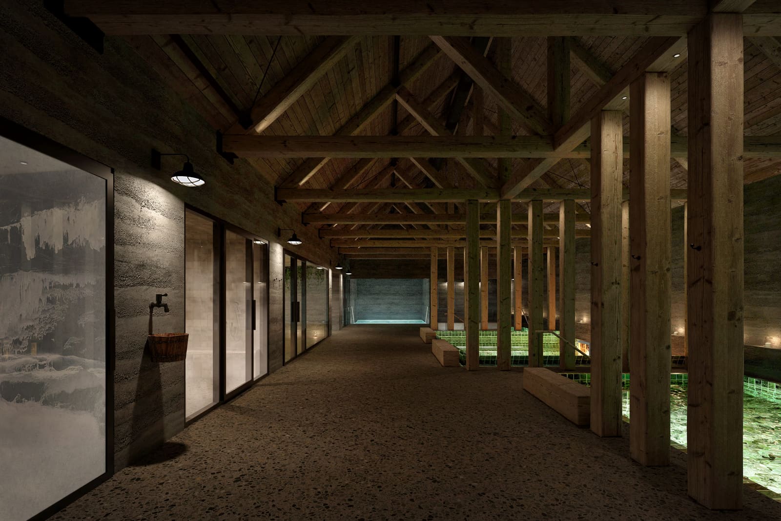 Promotional view inside the Reykjaböð bathhouse with timber beams, spa areas, and changing facilities.