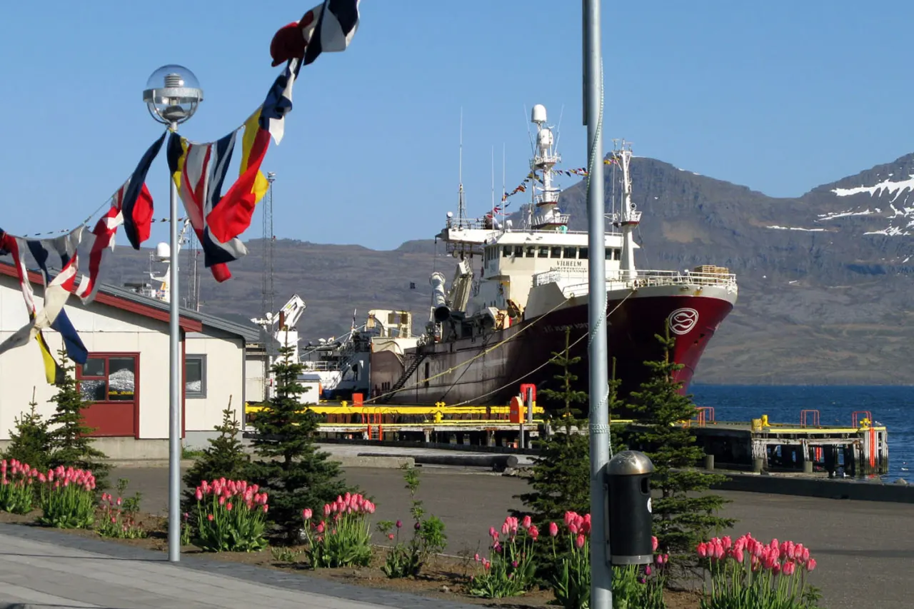 Fishing vessel and harborfront in Neskaupstaður beneath the mountains of Norðfjörður.