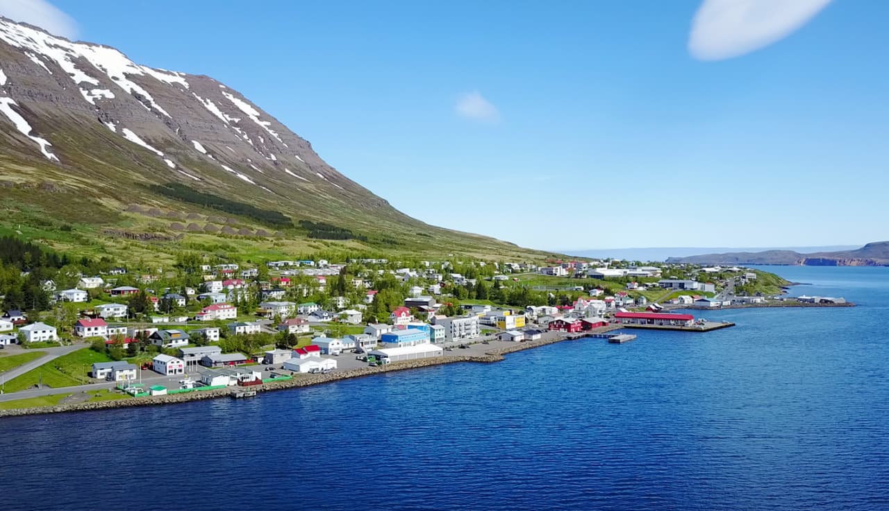 Aerial view of Neskaupstaður stretched along the shore of Norðfjörður in East Iceland.