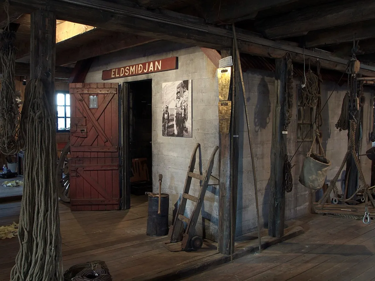 Entrance and display area inside the maritime and smithy collection at Neskaupstaður Museum House.