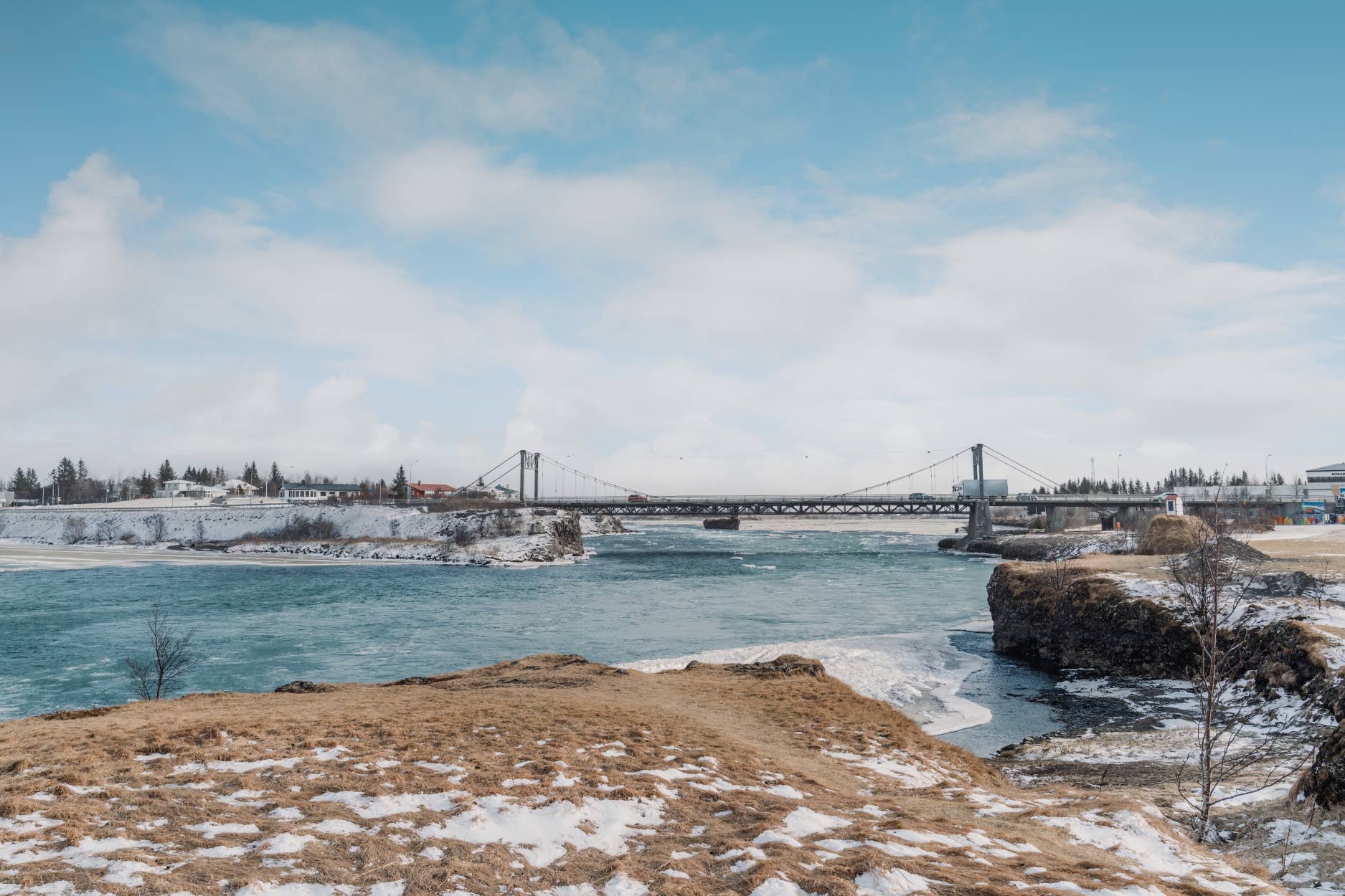 Winter view of the Ölfusárbrú bridge in Selfoss.