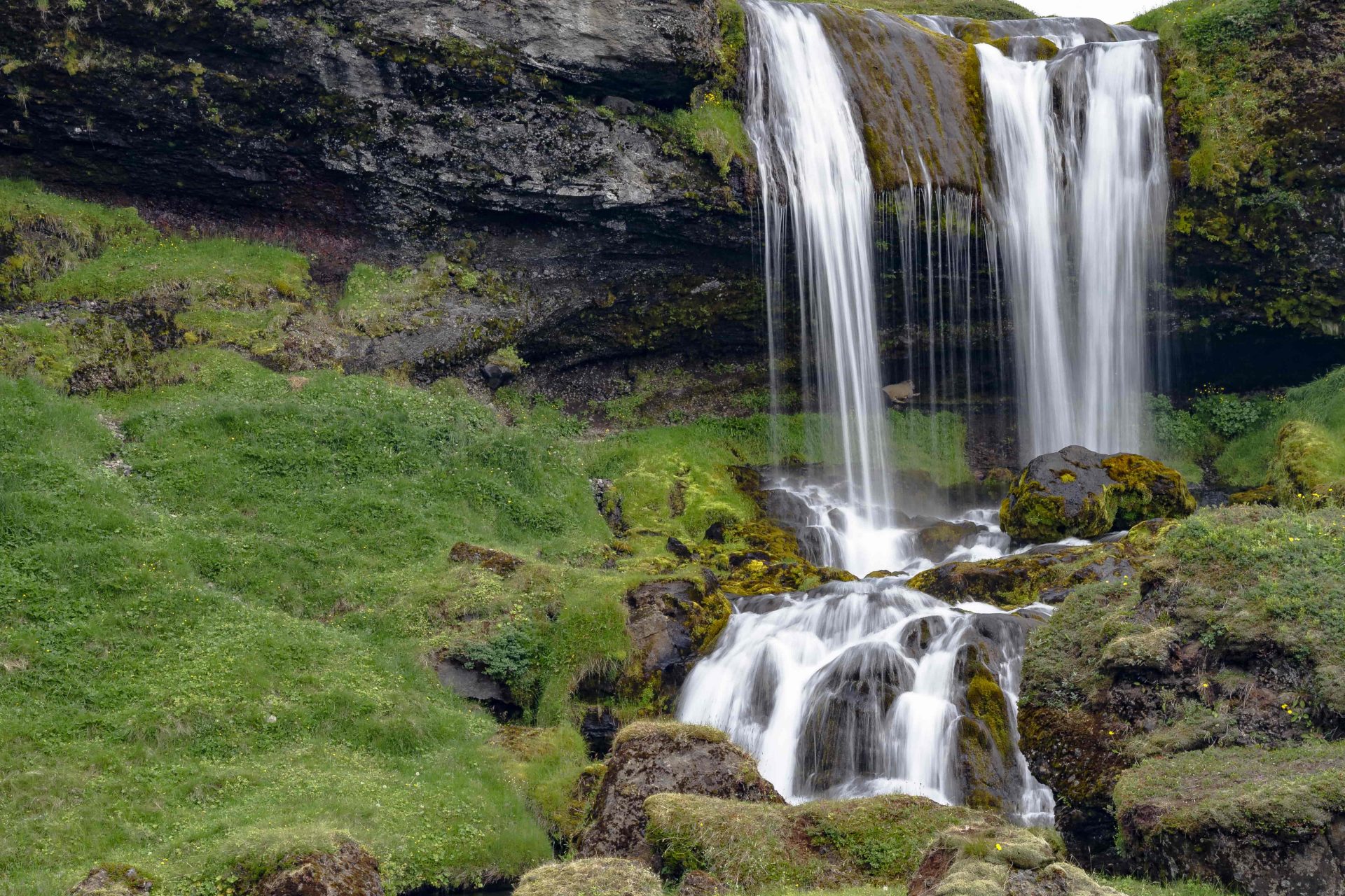 Selvallafoss dropping over dark rock into green mossy ground on Snæfellsnes.