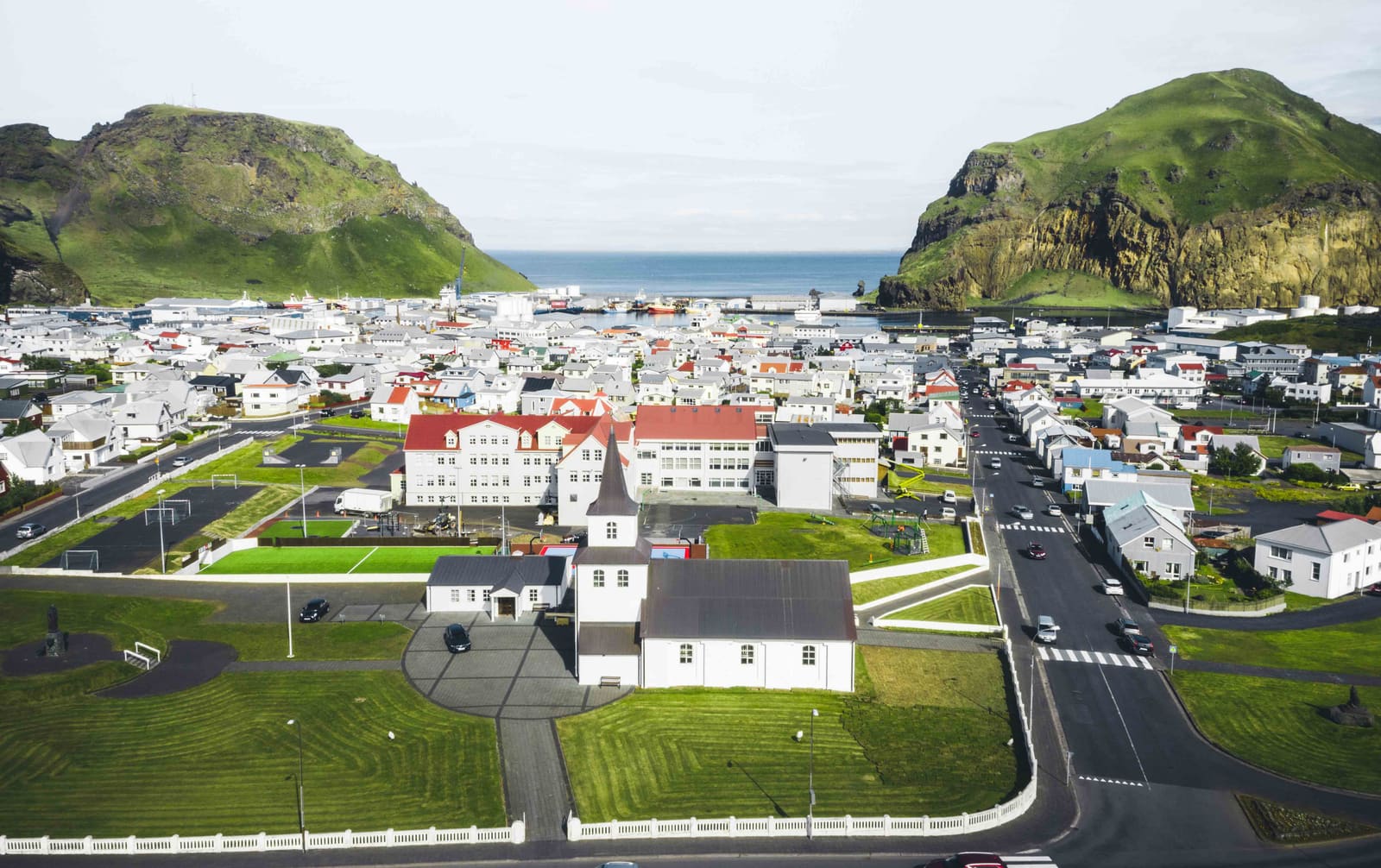 Harbor and town view from the Skansinn area on Heimaey.
