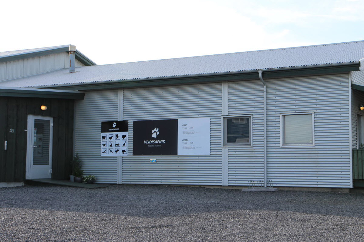 Wildlife Museum exterior sign on a corrugated building in Stokkseyri