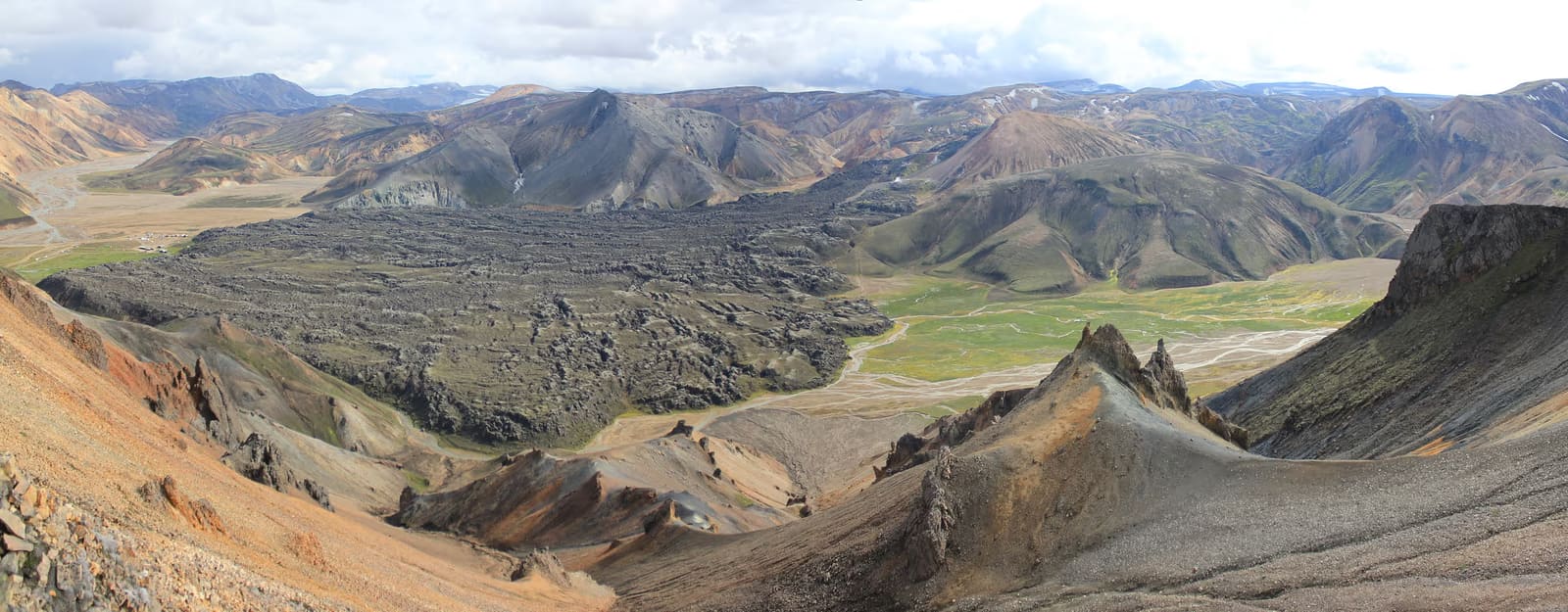 Panoramic view across the colorful Sudurnamur ridges above Landmannalaugar in the Icelandic Highlands.