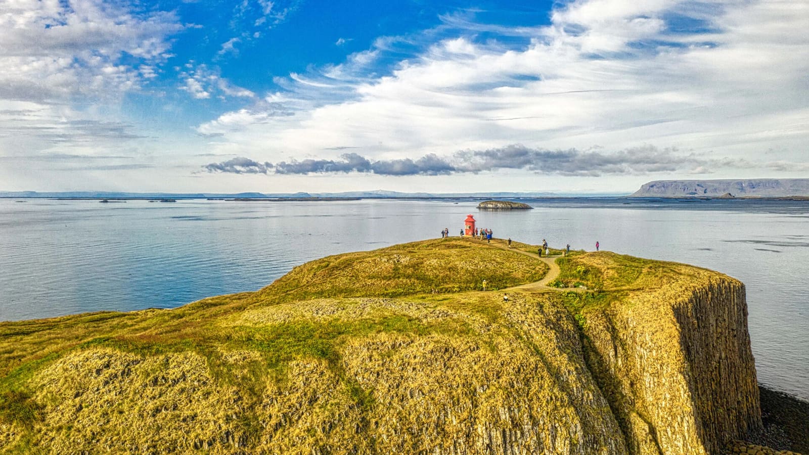 Súgandisey lighthouse above Stykkishólmur harbor and Breiðafjörður.