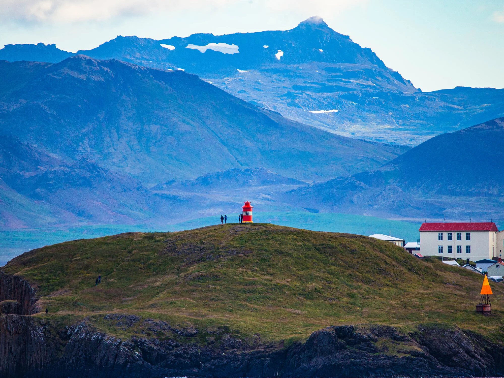 Stykkishólmur harbor and Breiðafjörður water seen from the Súgandisey viewpoint.