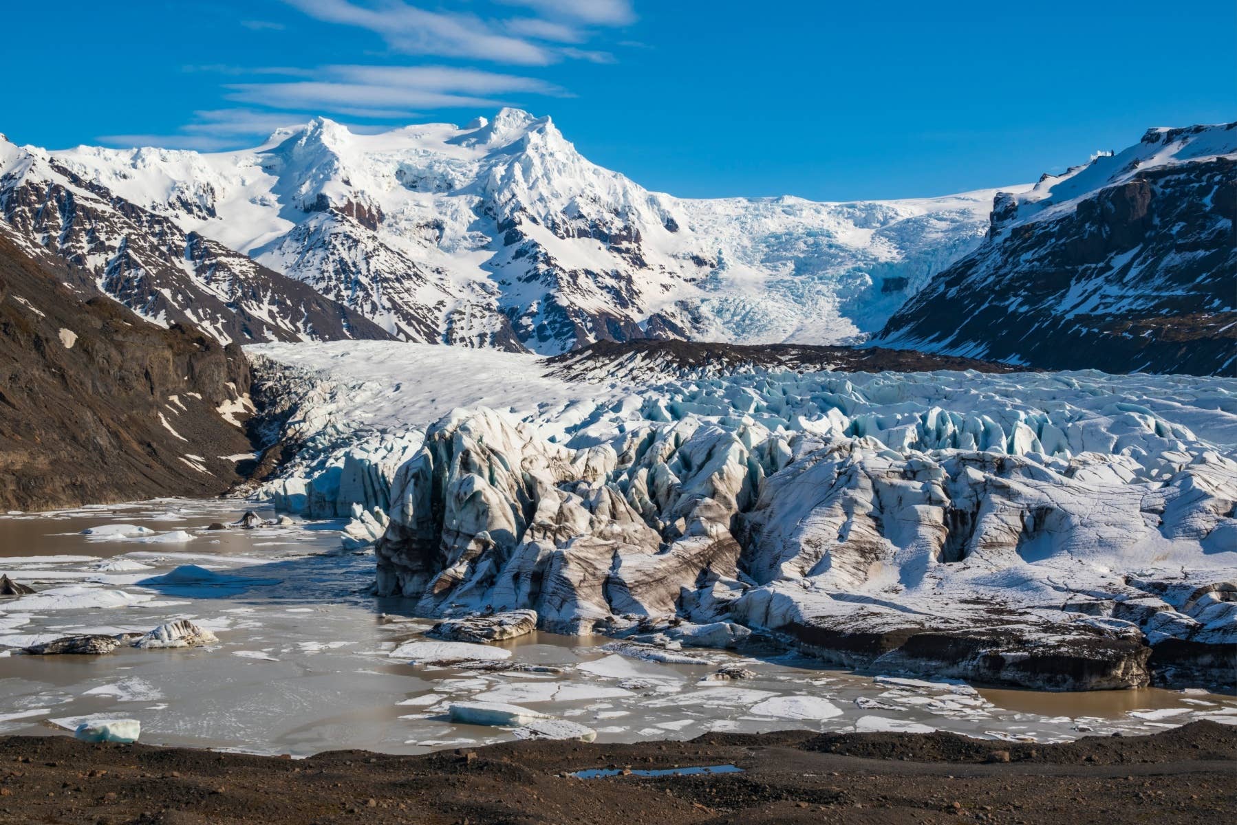 Wide view of Svínafellsjökull below mountains near Skaftafell.