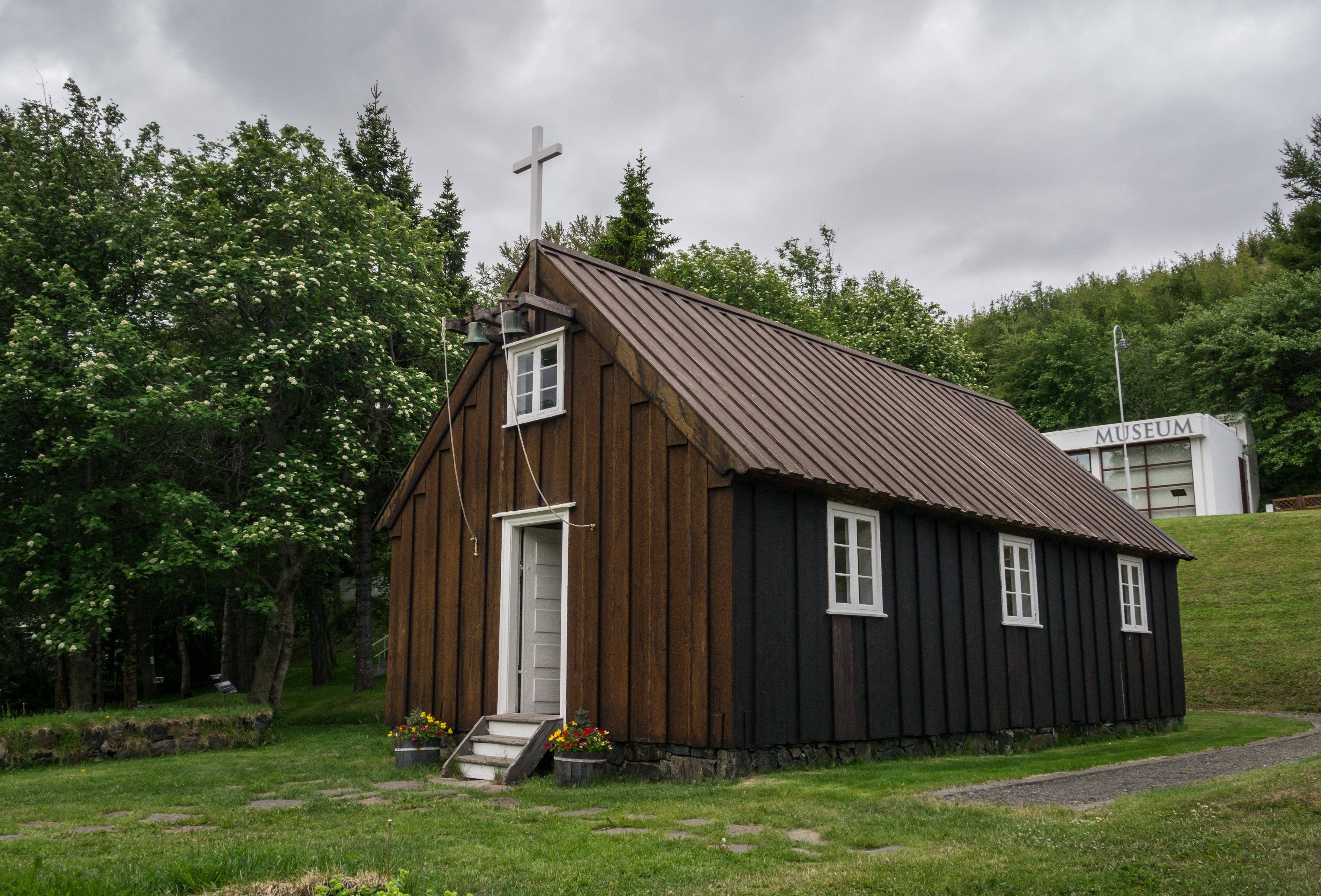 Akureyri Museum church standing in the museum garden.