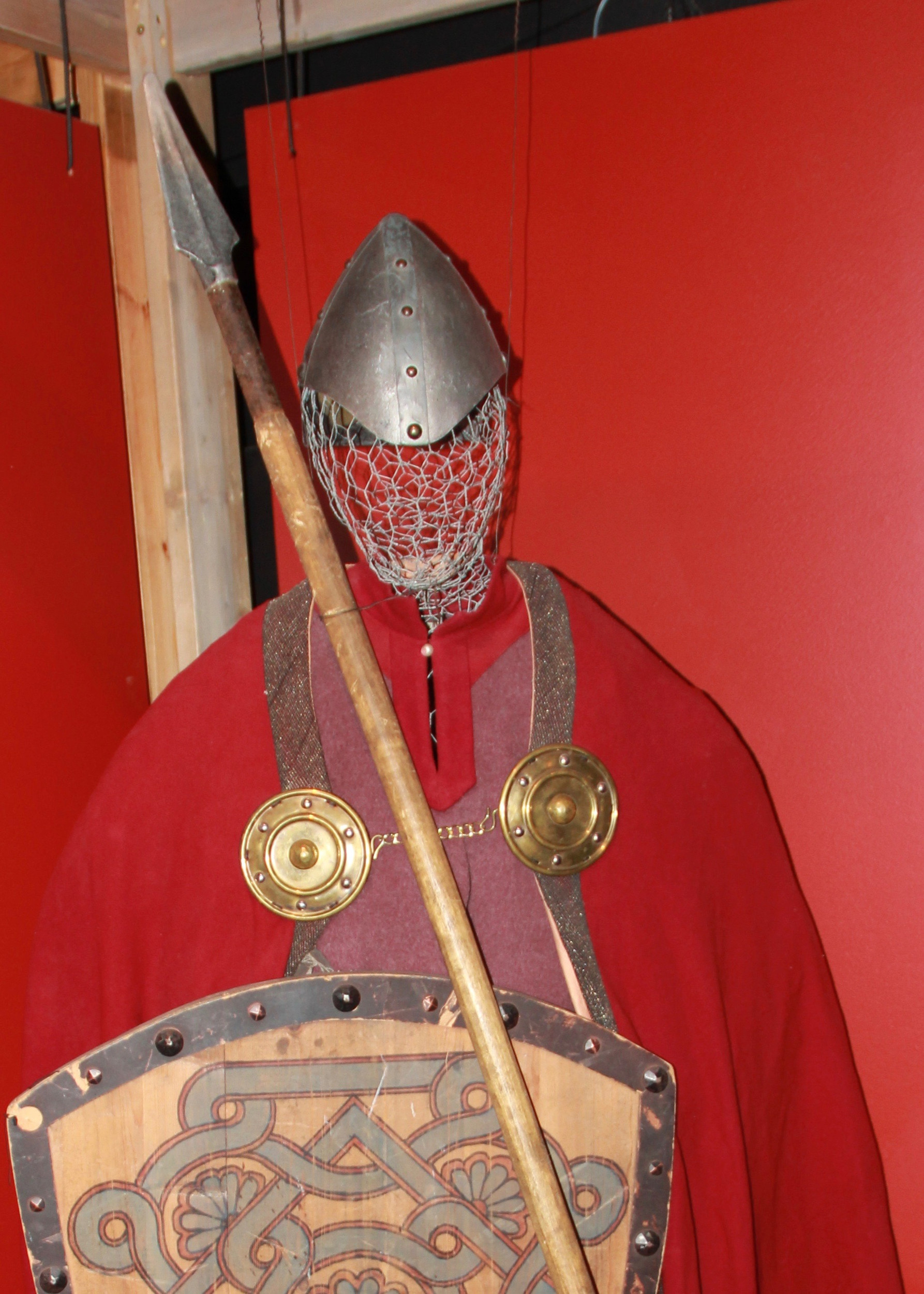 Viking-style armor display inside the Saga Centre in Hvolsvöllur.